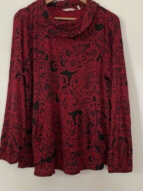 Soft Surroundings L Red Black Waffle Knit Thermal Cowl Neck Top Paisley Asian